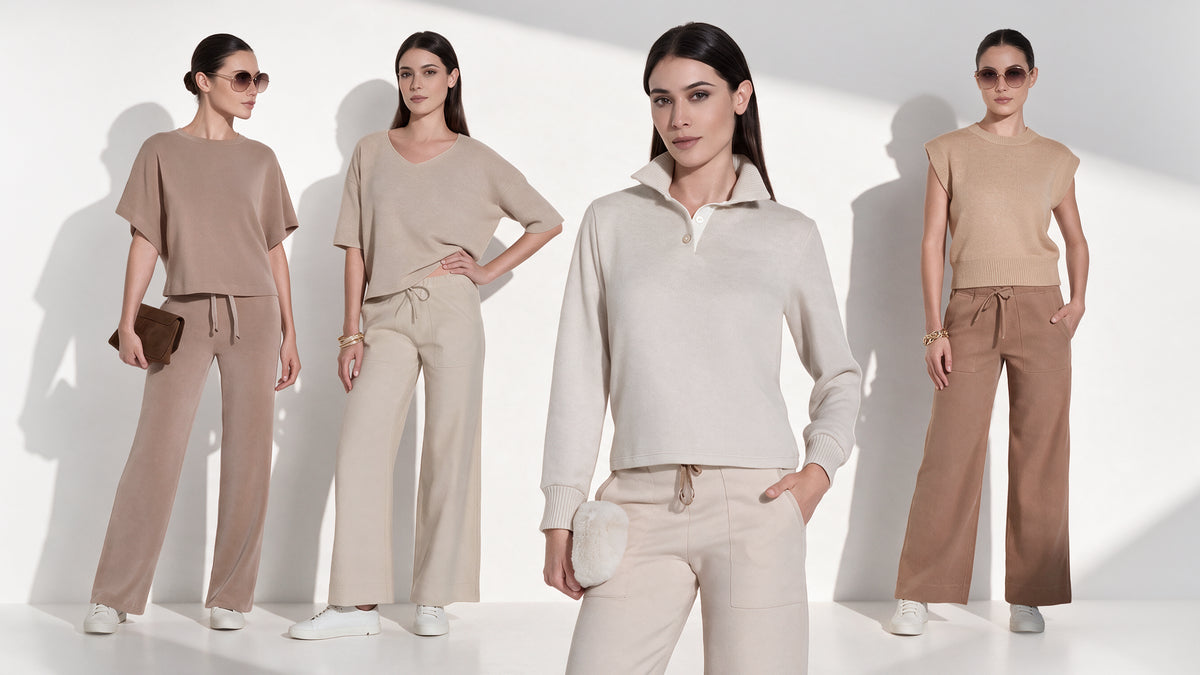 Capi di loungewear morbidi in modal e velour di Blue Lemon, come si trovano nella collezione della marca.